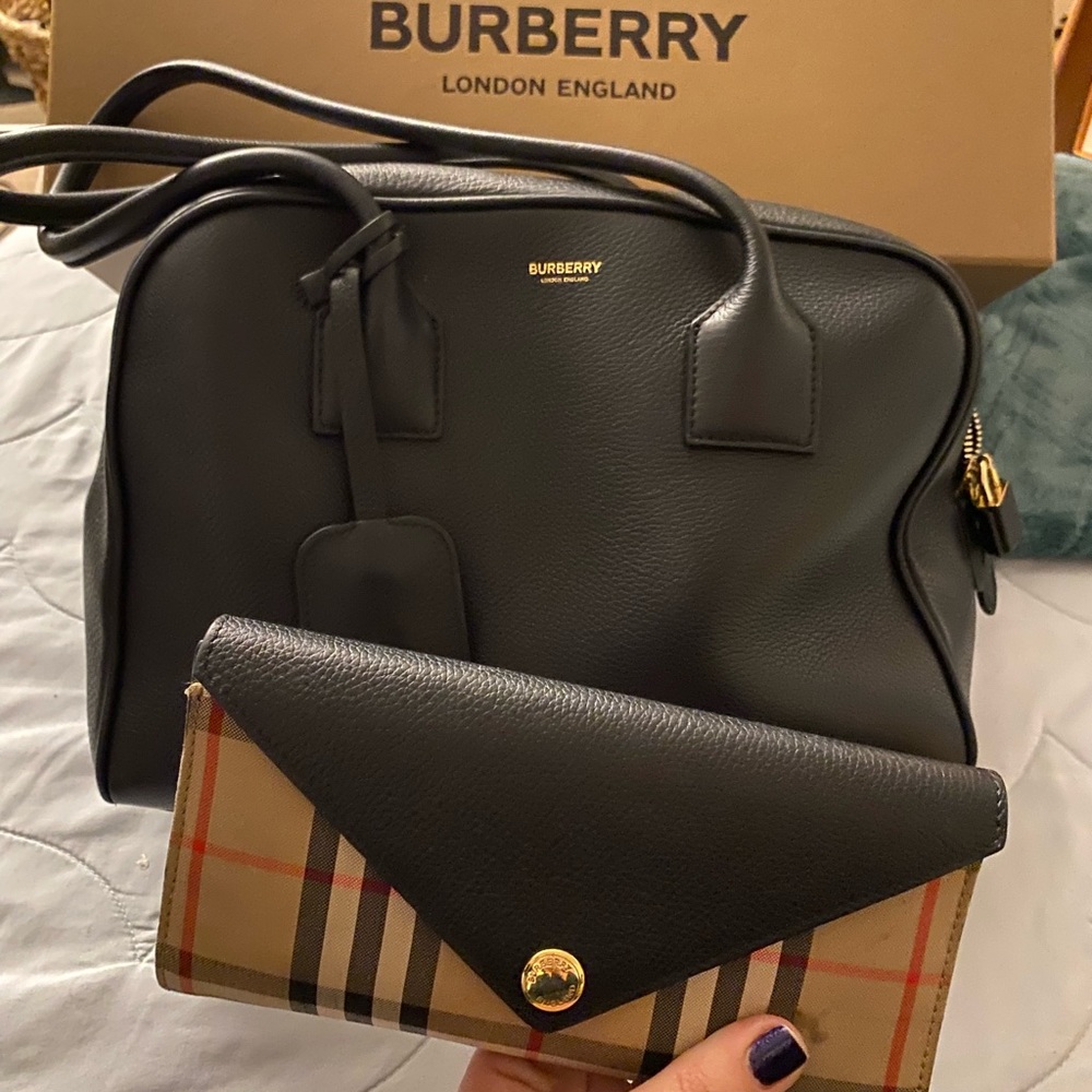 Black Burberry purse with tan and checked wallet